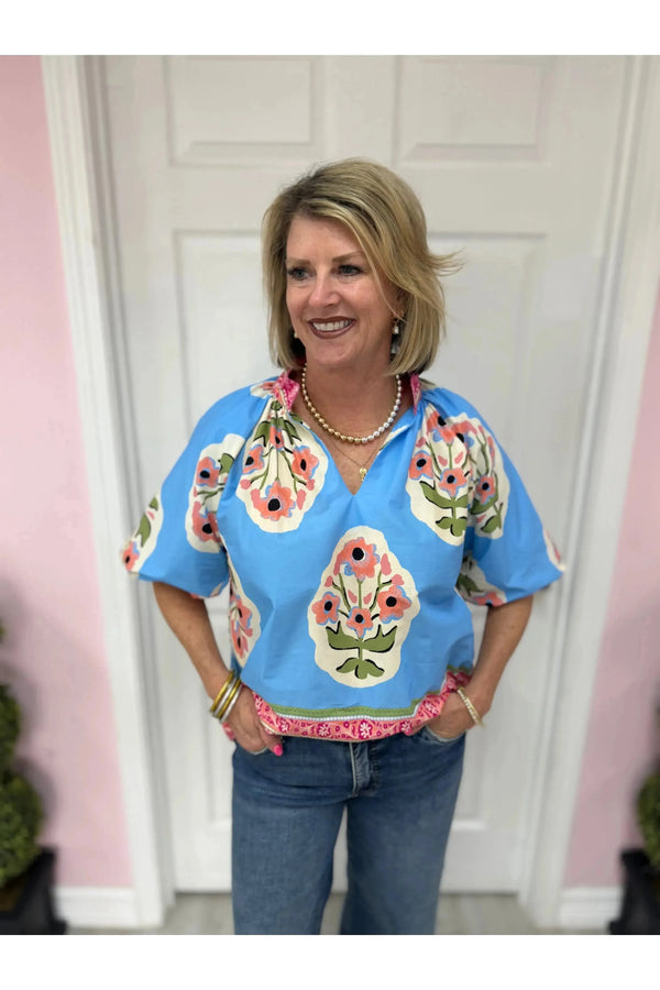 Blue Boho Chic Floral Blouse