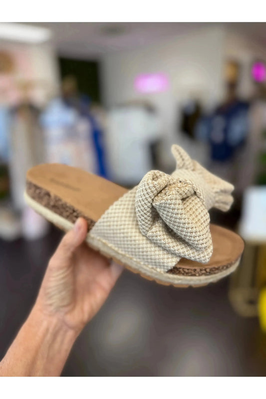 Cork Sole Bow Tie Slip-On Sandals