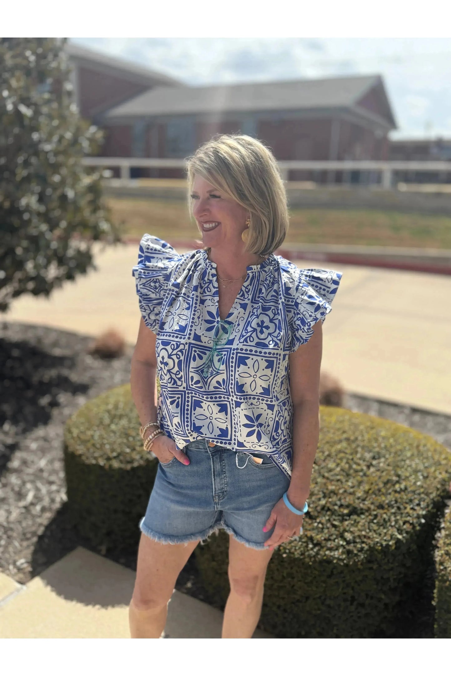 Arbor Floral Risette Ruffle Split Neck Top