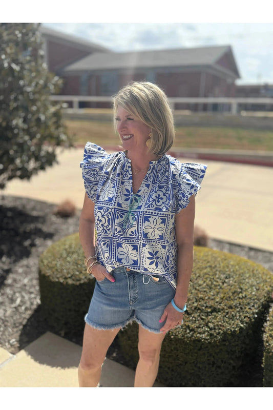 Arbor Floral Risette Ruffle Split Neck Top