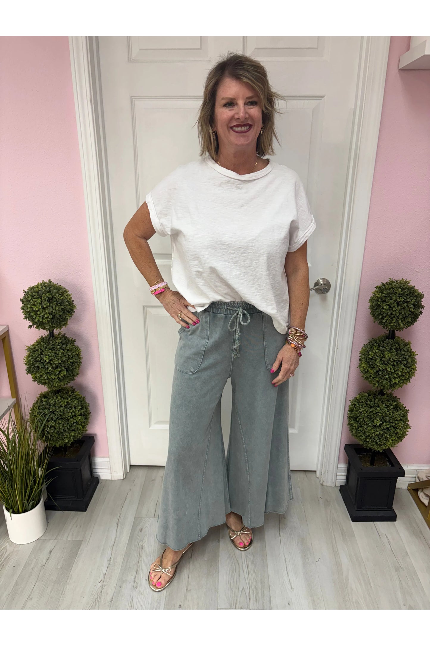 Washed Terry Knit Wide Leg Pants