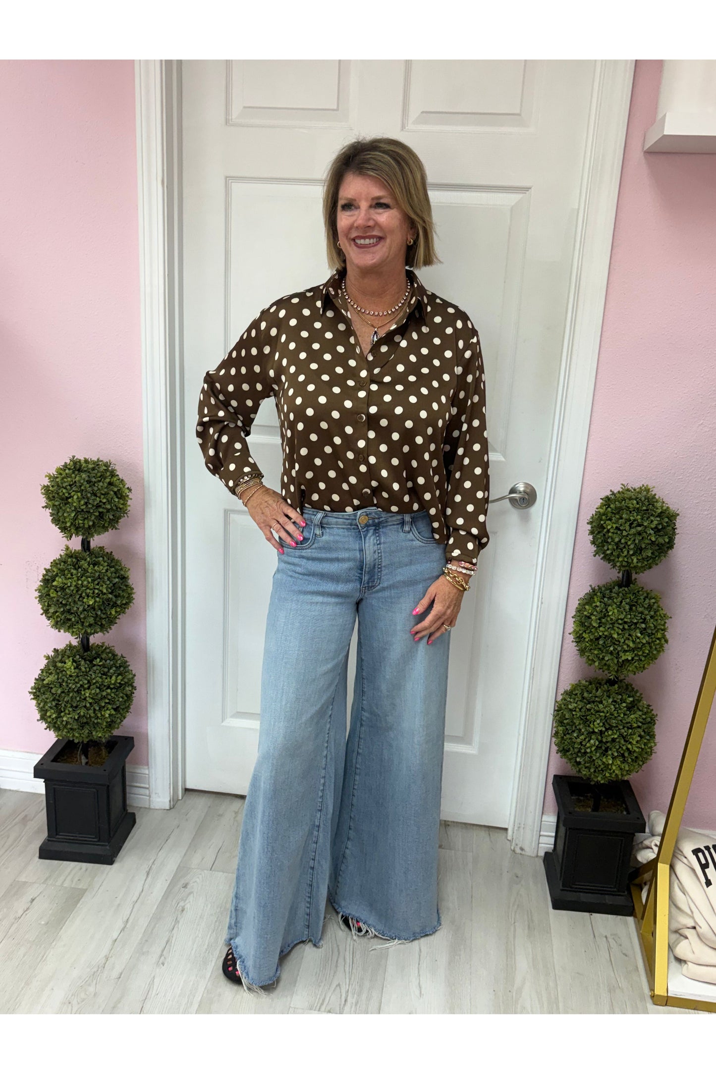 Cocoa Satin Polka Dot Blouse