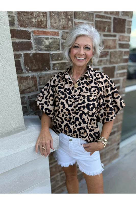 Cheetah Print Accent Sleeve Blouse
