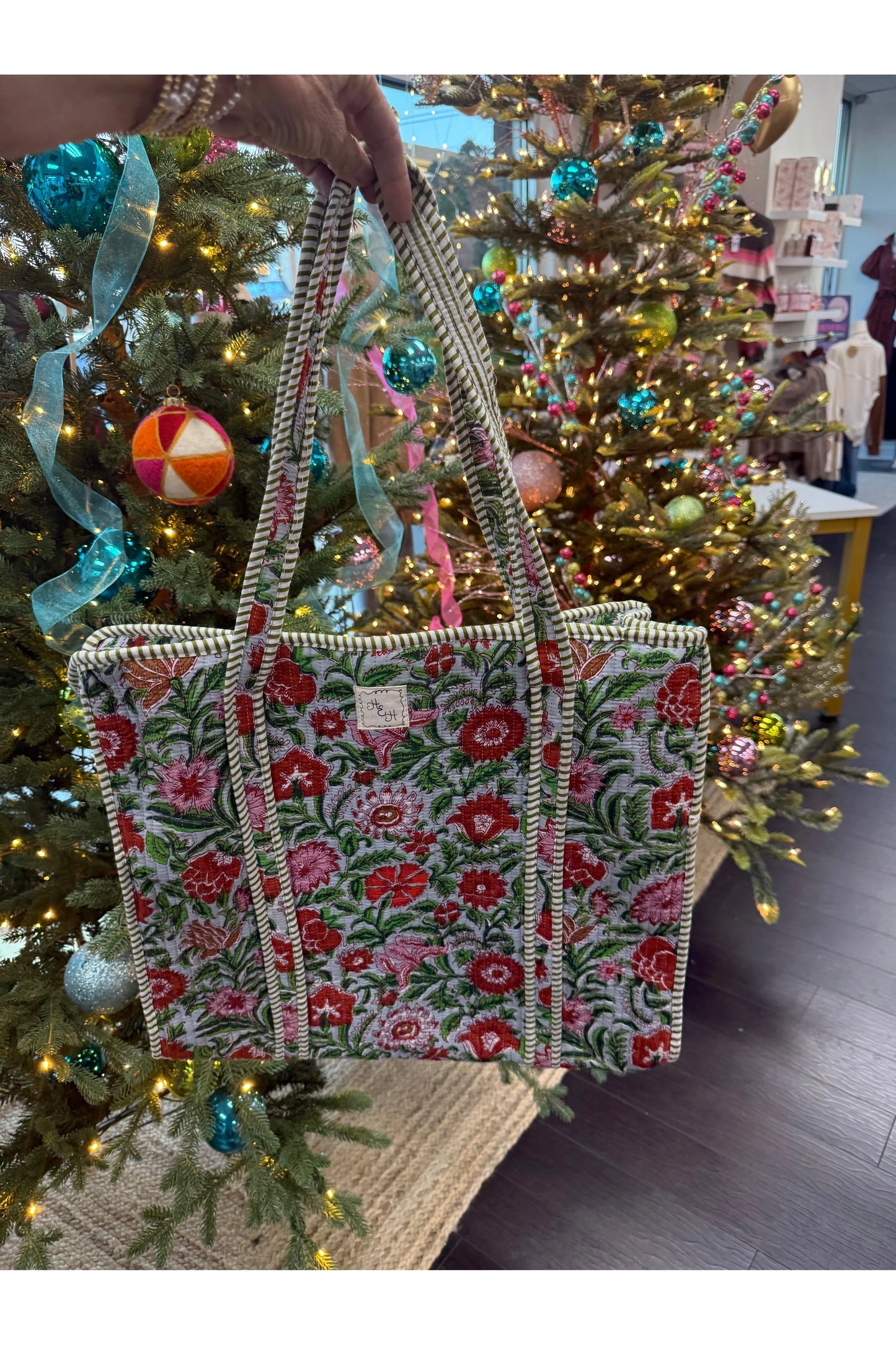 Quilted Green & Red Floral Tote Bag