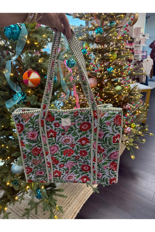 Quilted Green & Red Floral Tote Bag