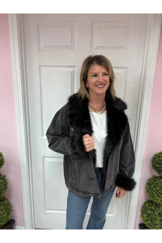 Fur Collared Cuff Over Sized Denim Jacket