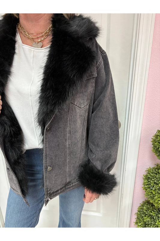 Fur Collared Cuff Over Sized Denim Jacket