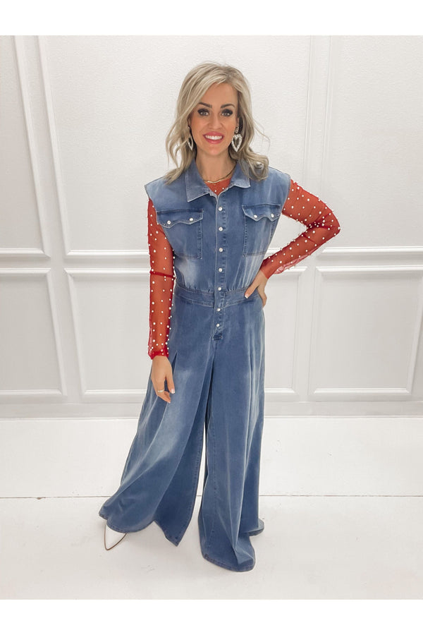 Wide Leg Denim Jumpsuit