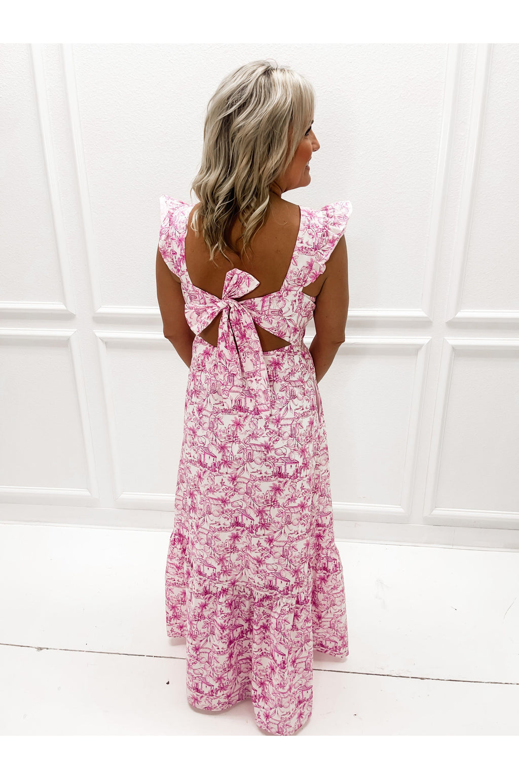 Printed Tie Back Ruffled Maxi