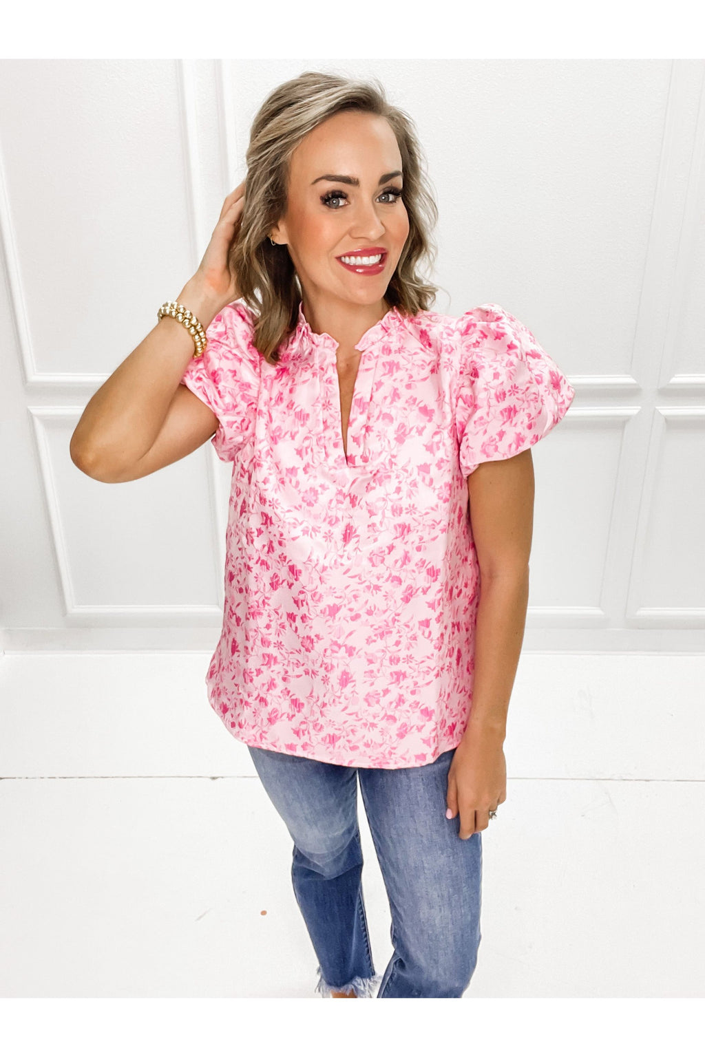 Pink Textured Floral Bubble Sleeve