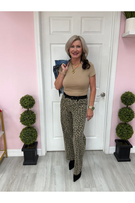 Wide Leg Leopard Printed WB Detail Pants