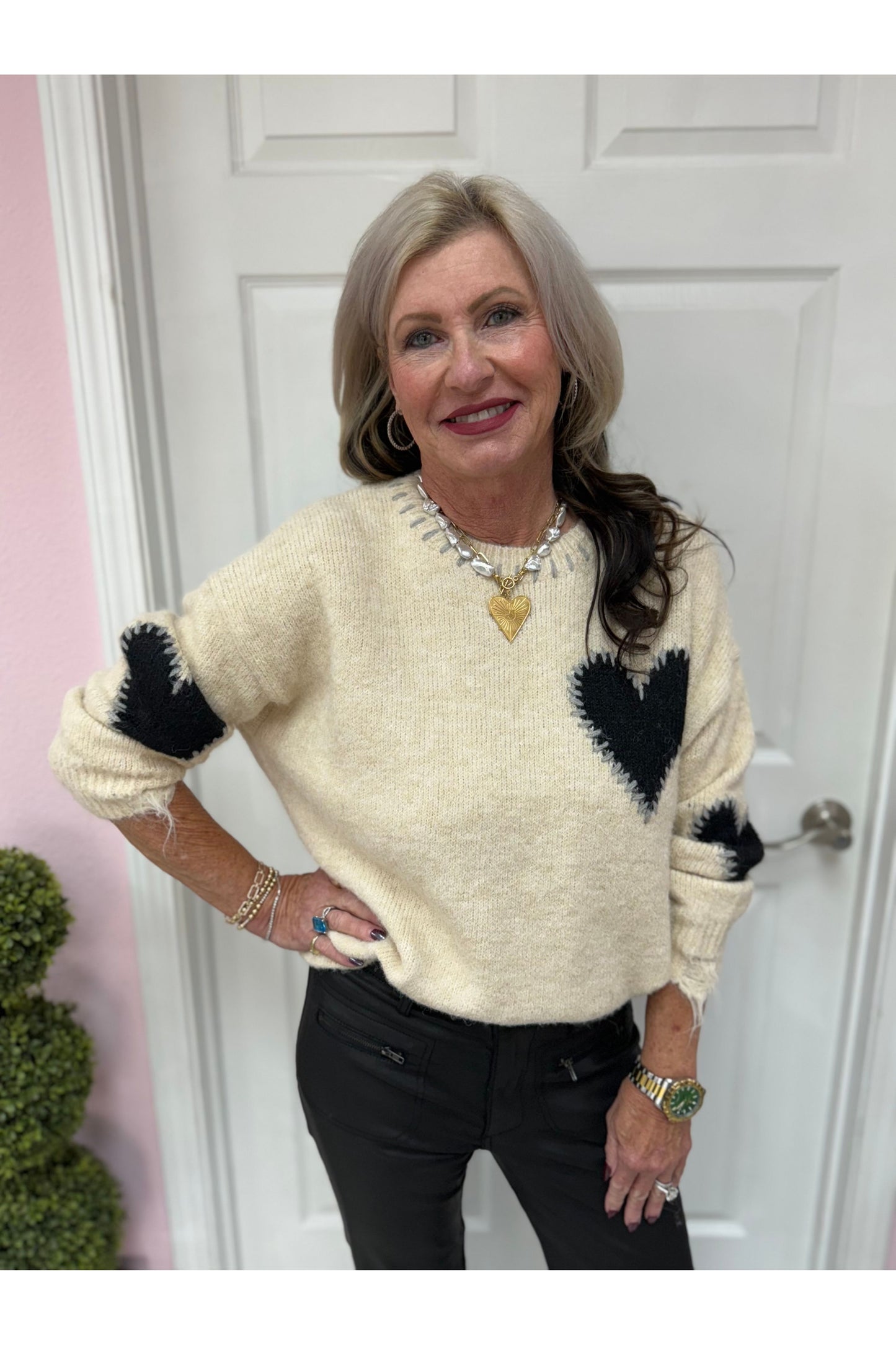 Long Sleeve Heart Patch Knit Sweater