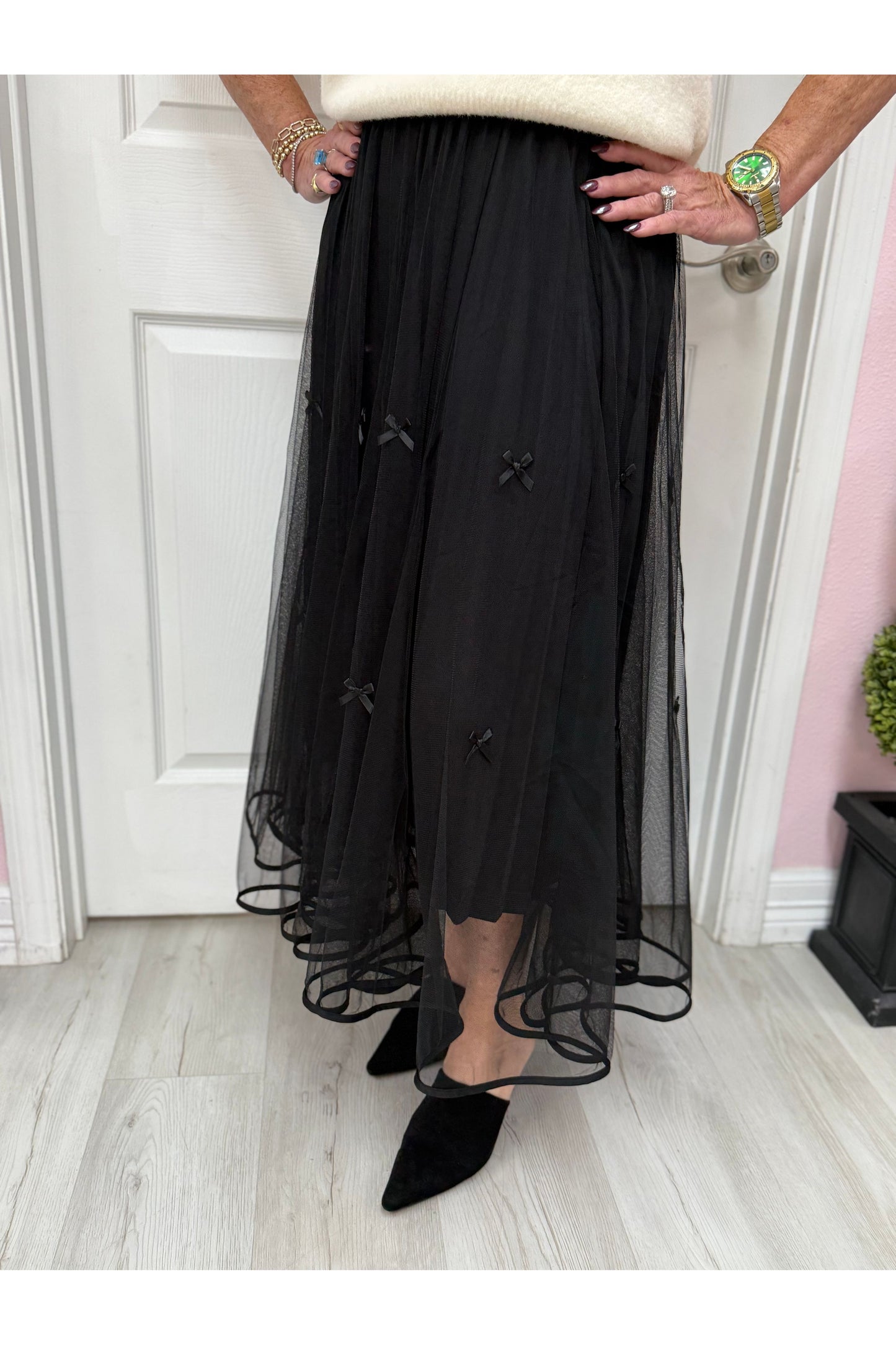 Bow Detail Double Layered Mesh Skirt