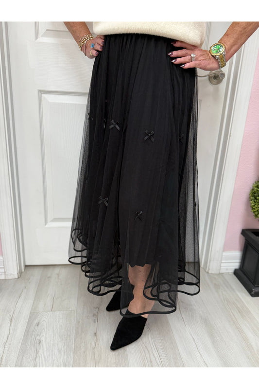 Bow Detail Double Layered Mesh Skirt