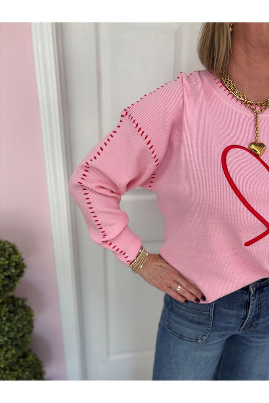 Heart Embroidered Sweater w/Whip Stitch- Pre Order