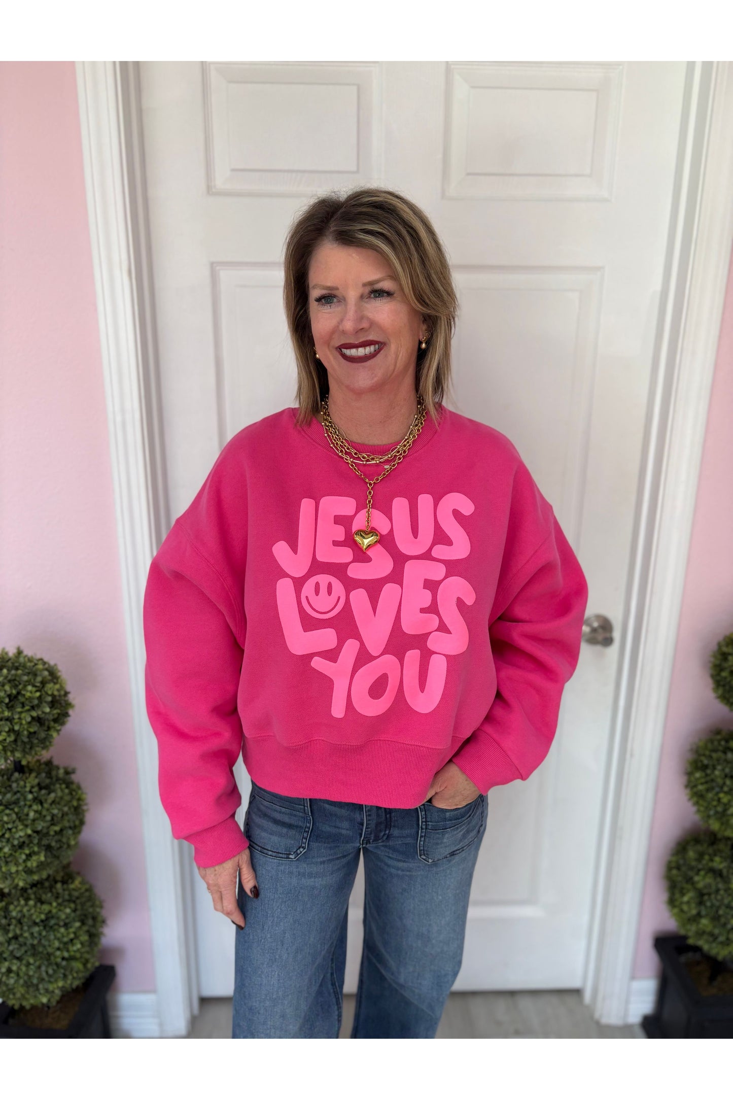 Smiley Jesus Loves You Puff Pink Crop Sweatshirt