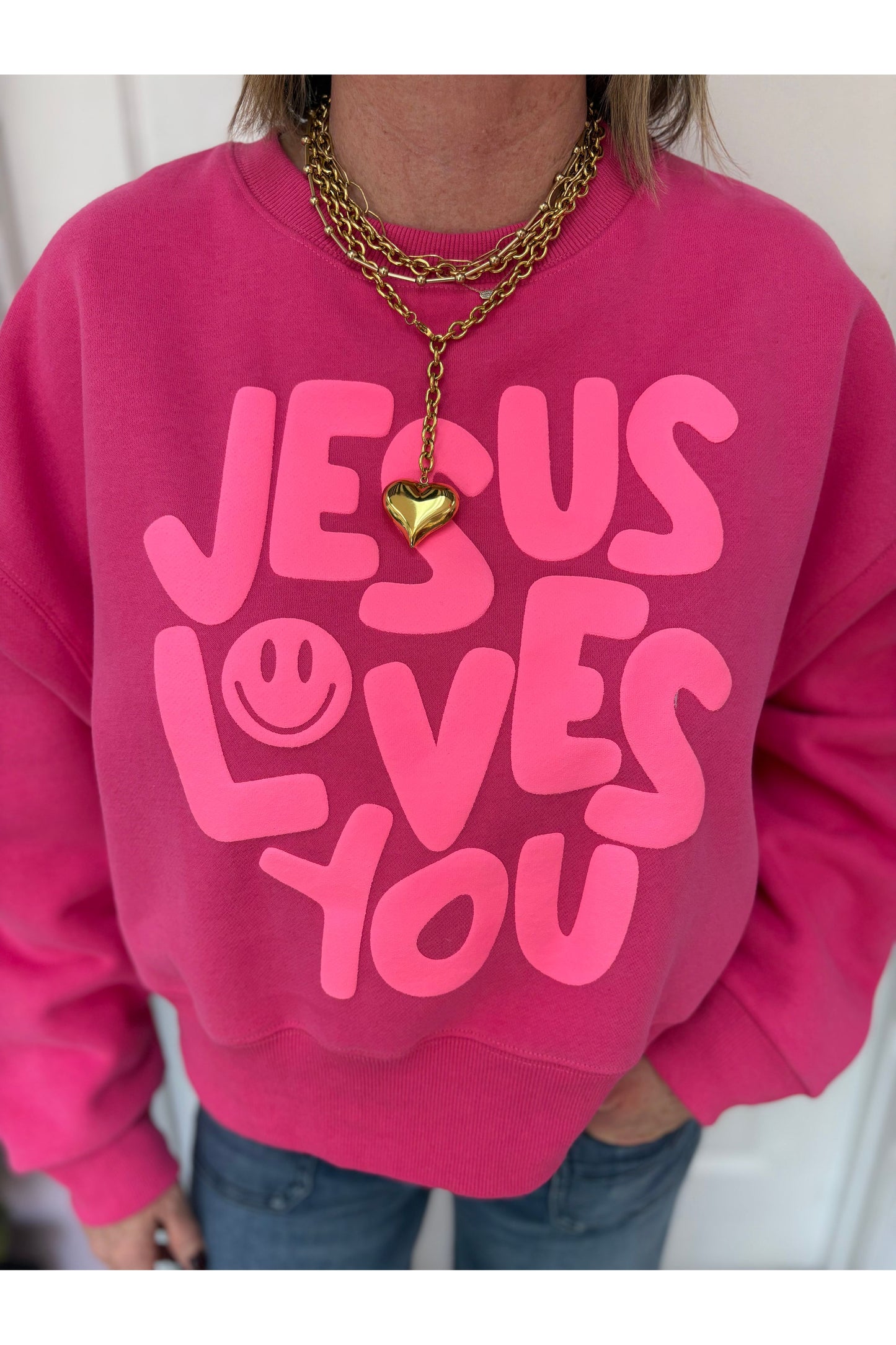 Smiley Jesus Loves You Puff Pink Crop Sweatshirt