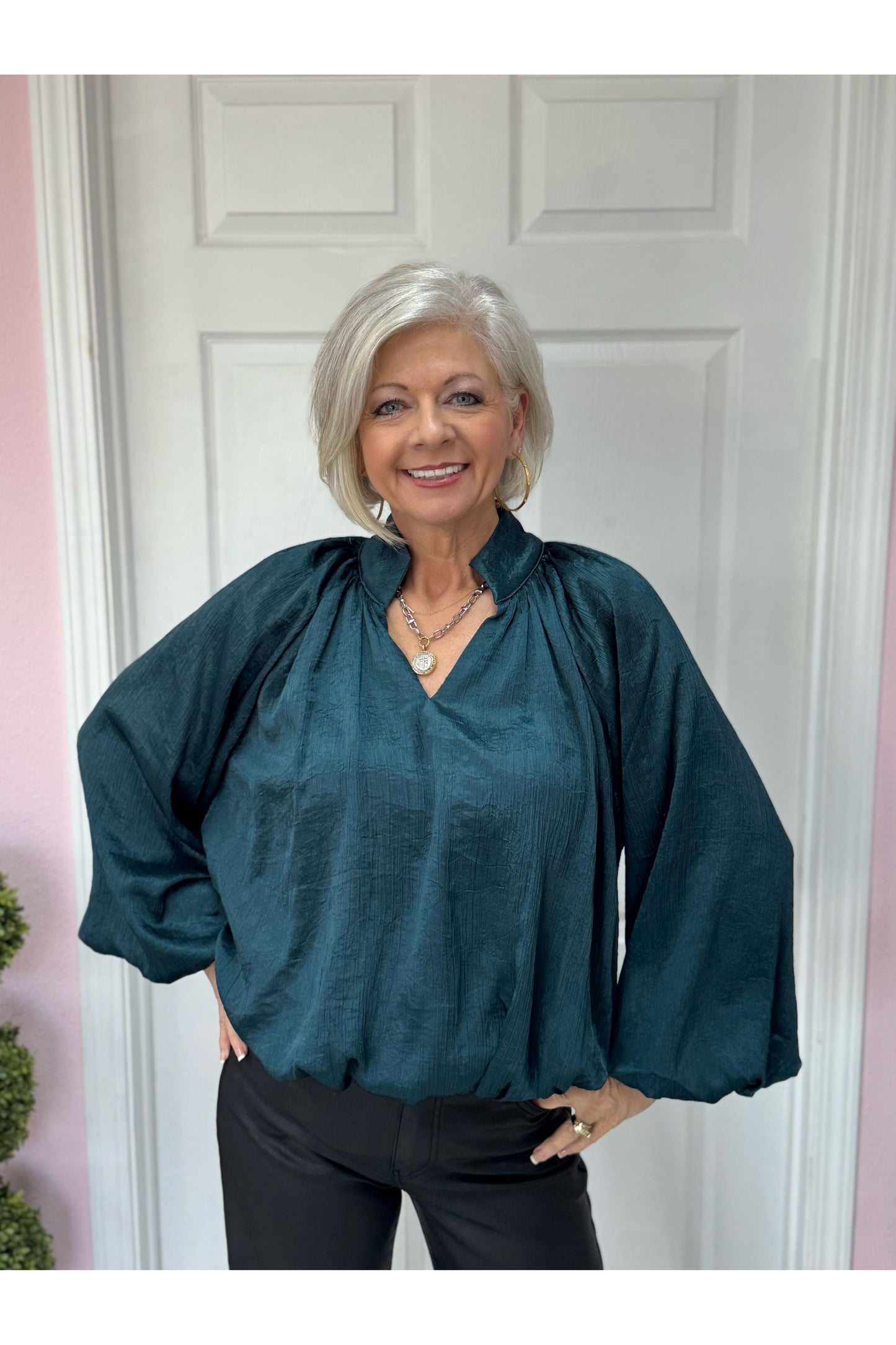 Teal Balloon Sleeve Blouse