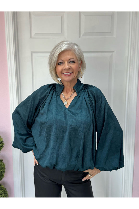 Teal Balloon Sleeve Blouse
