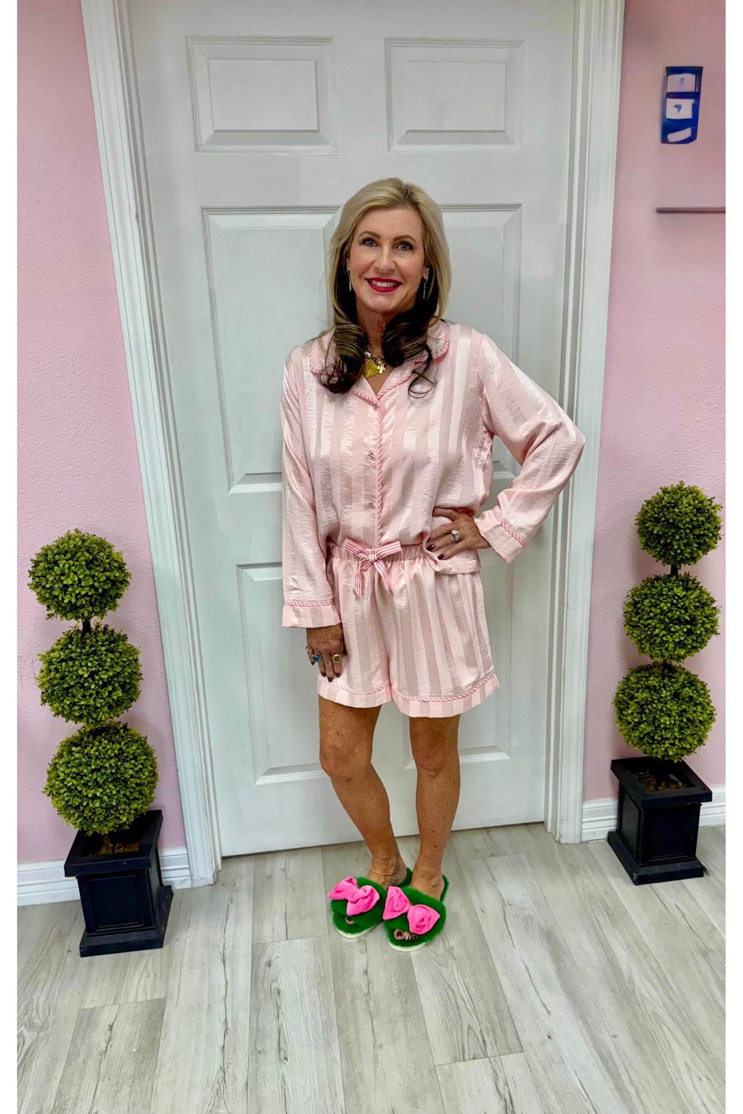 Pink Woven Pajama Set with Contrast Piping Detail