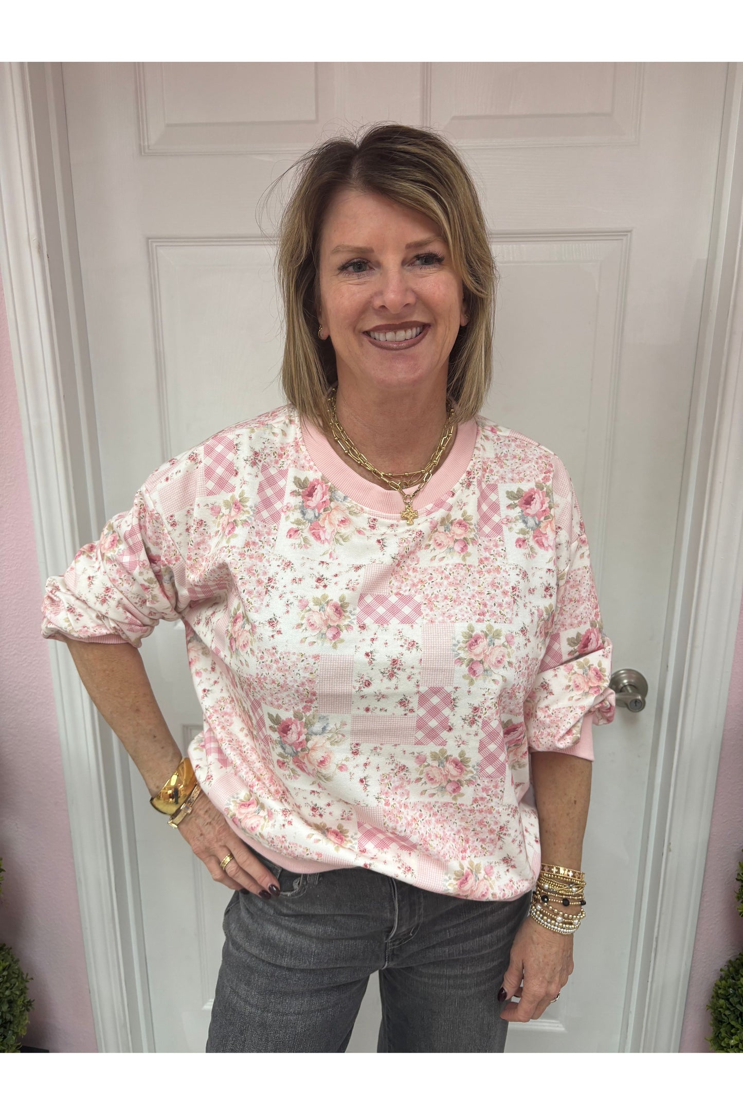 Patchwork Floral Crewneck Sweatshirt