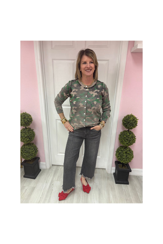 Camo Print Button Closure Cardi