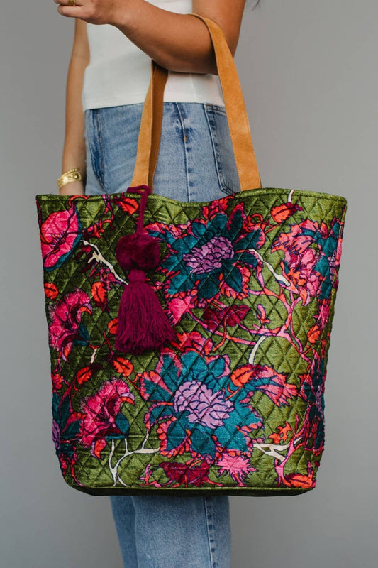 Olive & Multicolored Floral Tote