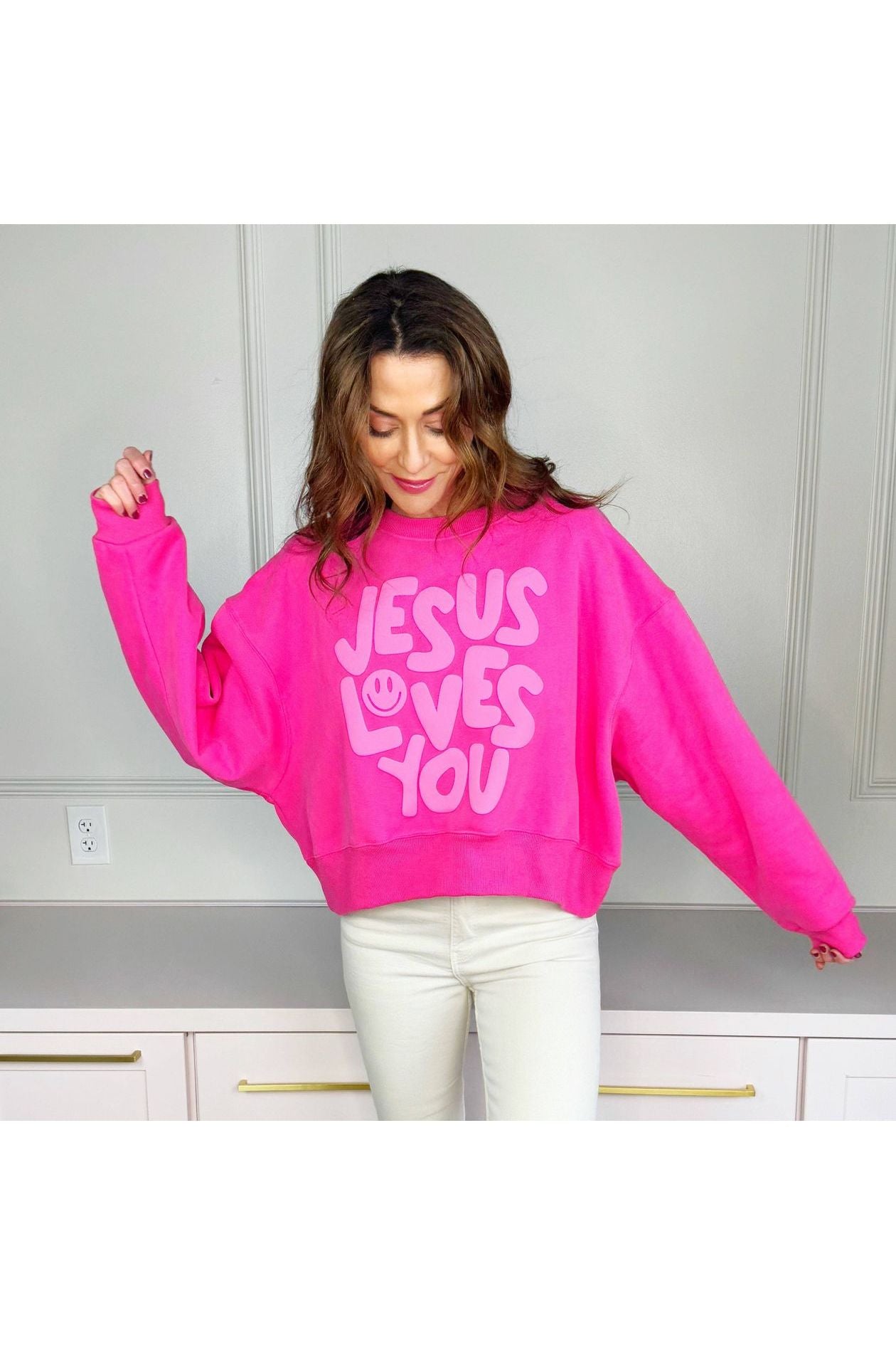 Smiley Jesus Loves You Puff Pink Crop Sweatshirt