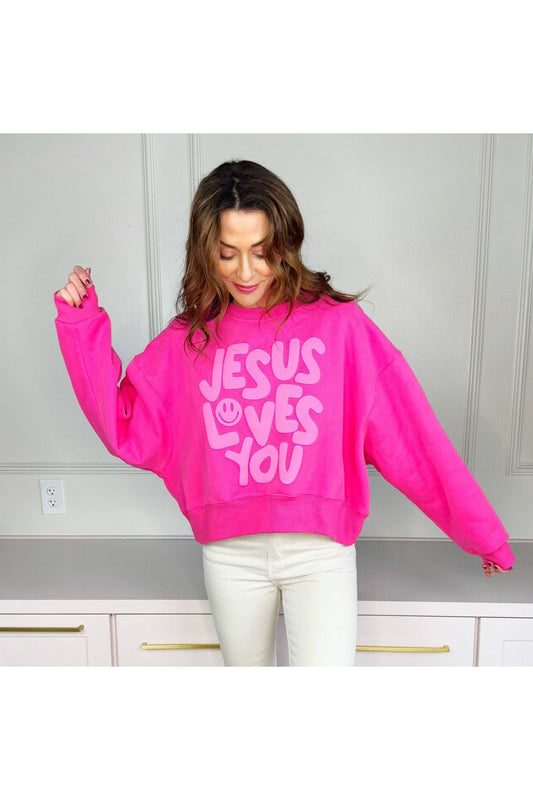 Smiley Jesus Loves You Puff Pink Crop Sweatshirt