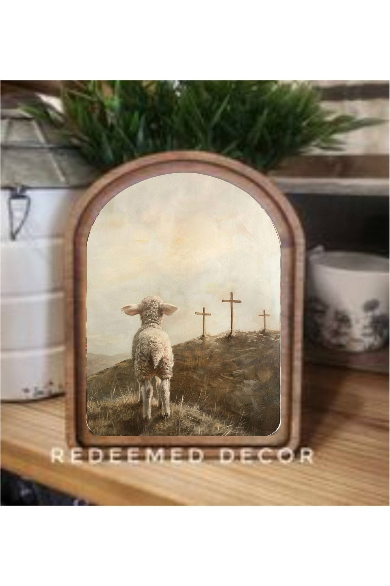 Arch Top 3 Crosses Lamb Framed Art