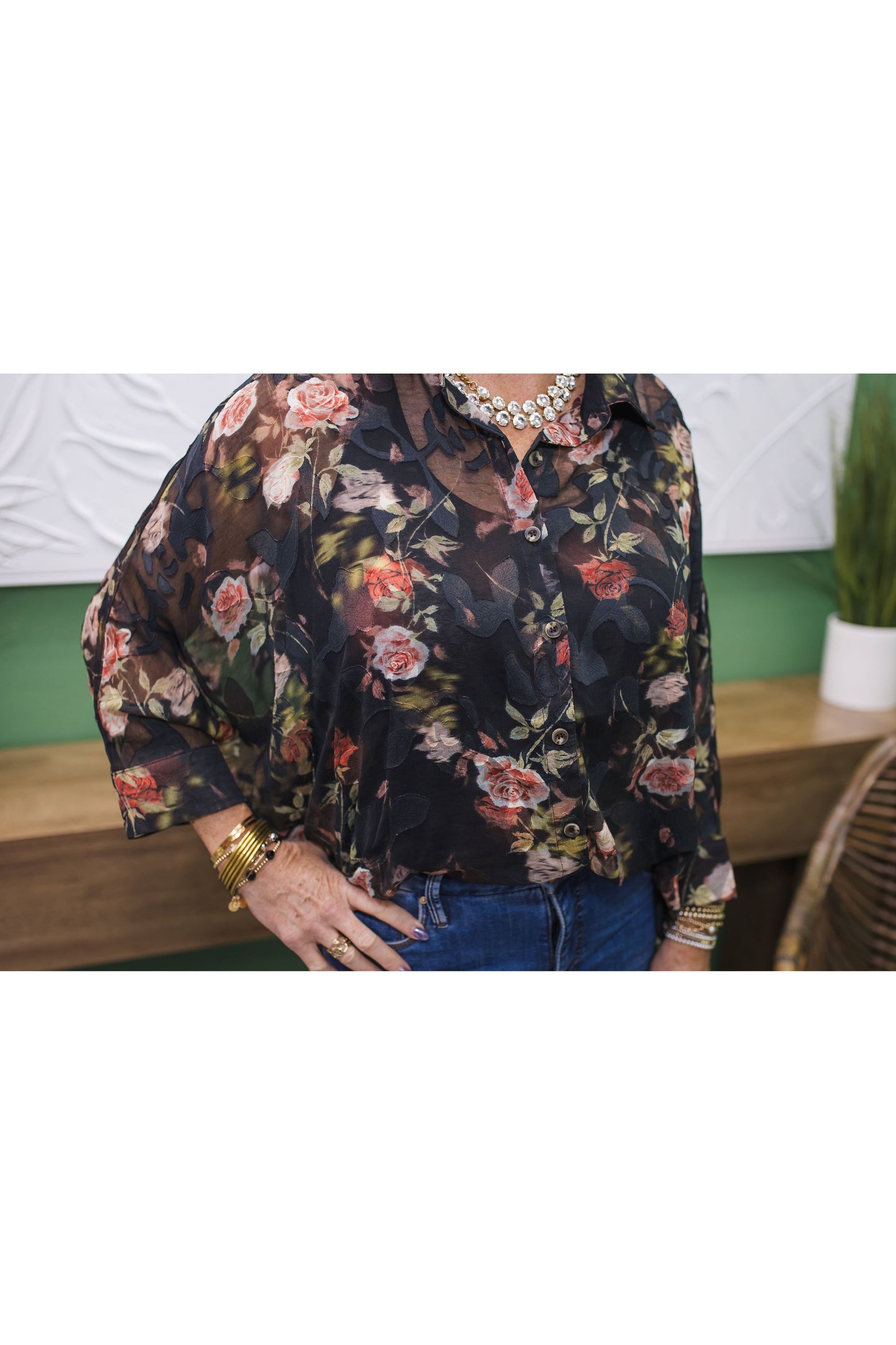Floral Button Down Oversized Sheer Blouse