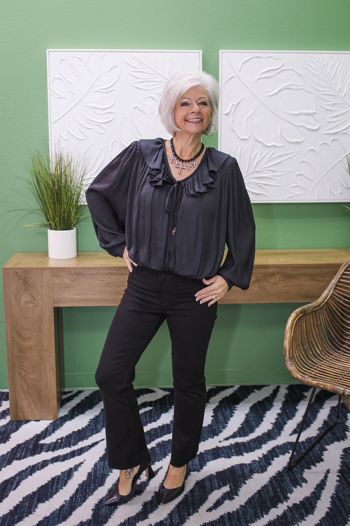 Meg Vneck Ruffle Blouse