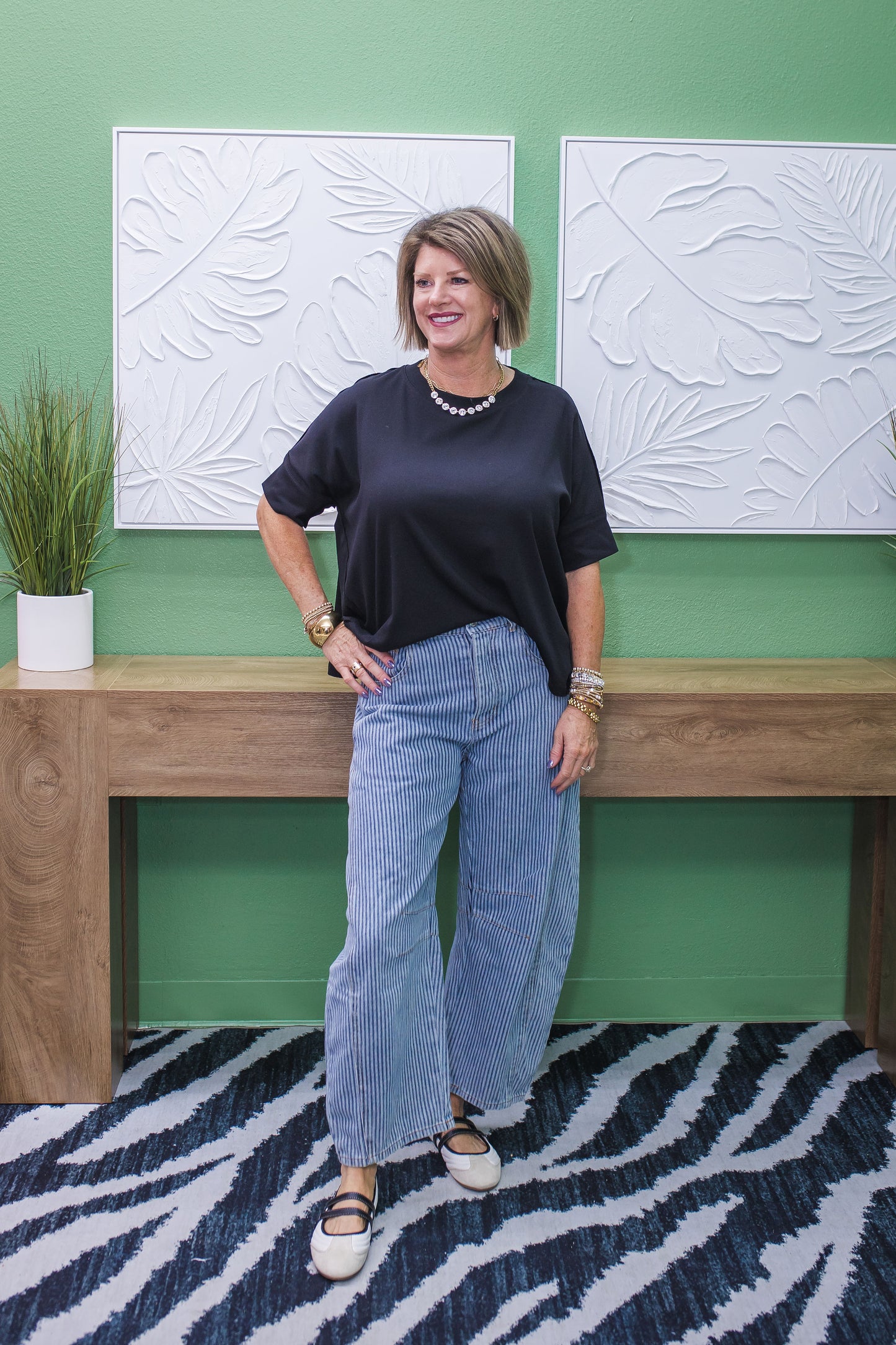 Mineral Washed Pin Striped Barrel Jeans