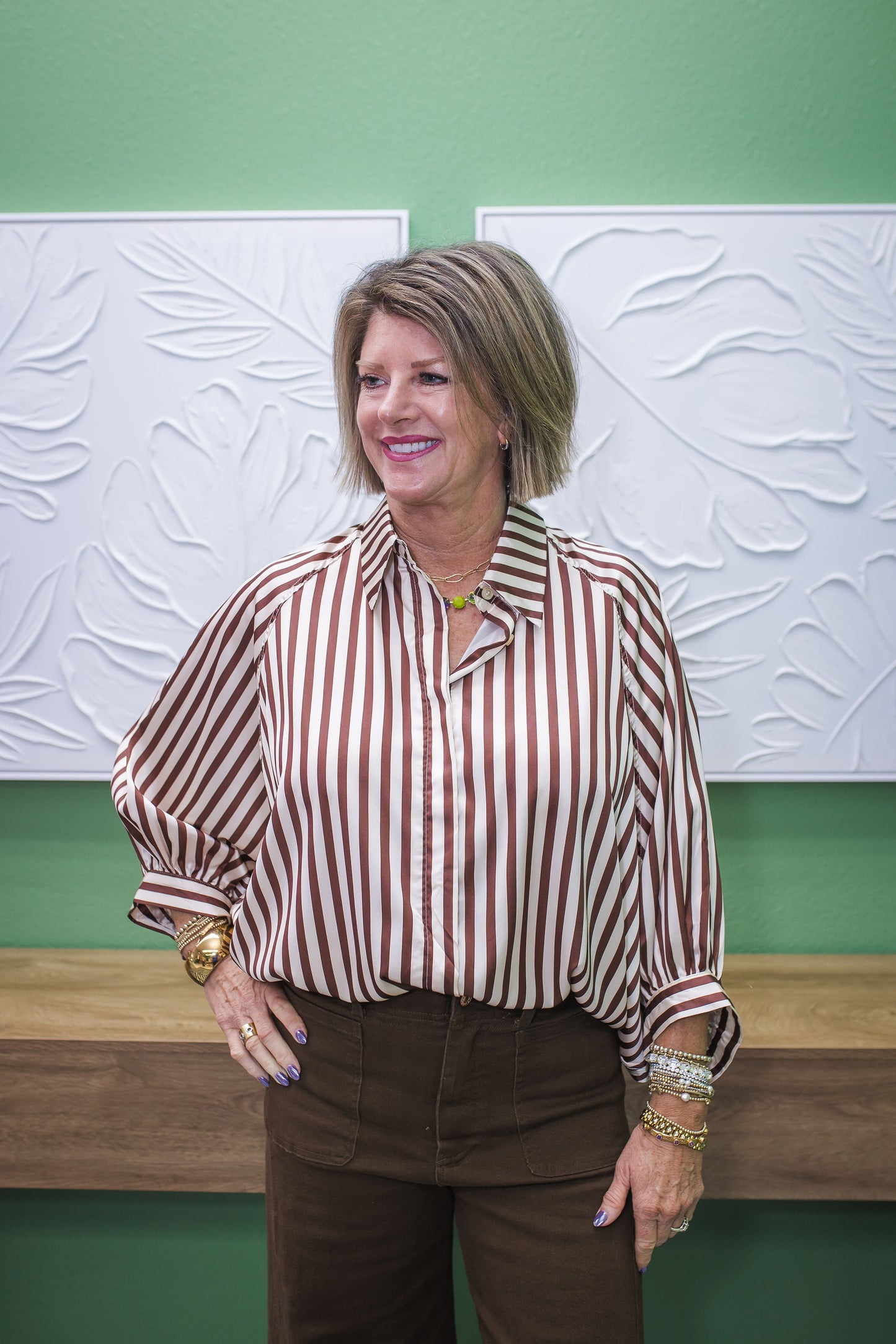 Stripe Wide Puff Sleeve Buttondown Shirt