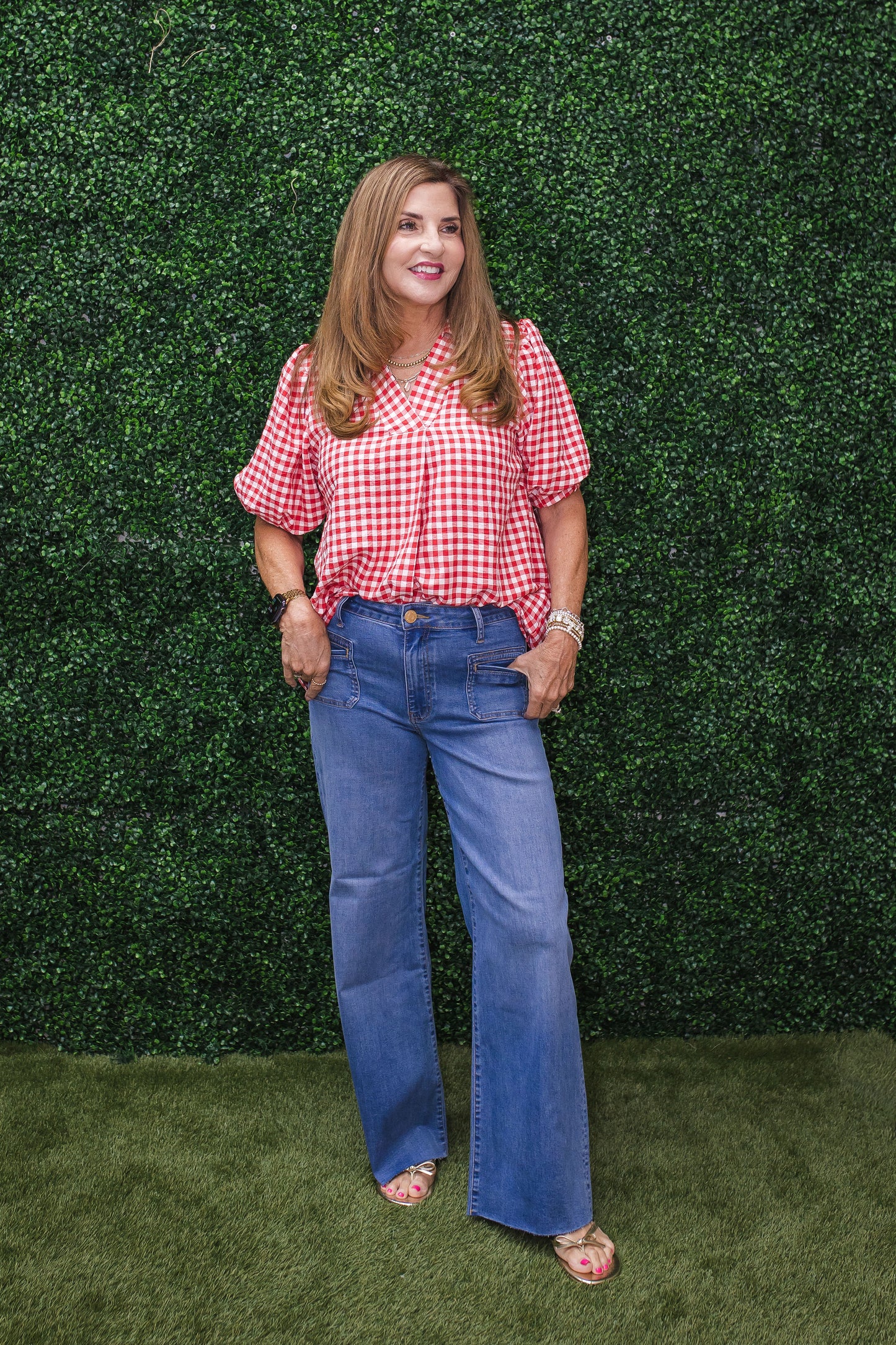 Lynn Gingham Puff Sleeve Collared Blouse