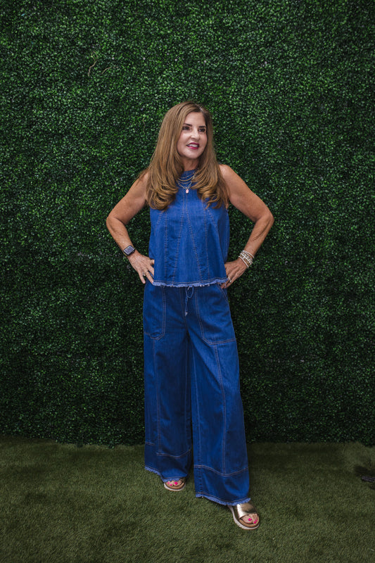 Cheyanne Washed Denim Tank & Wide-Leg Pants Set