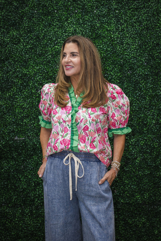 Caroline Floral Ruffle Trim Blouse