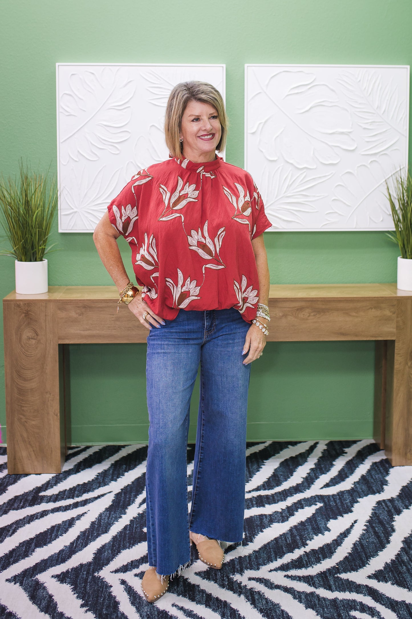 Embroidered Floral Mock Neck Dolman Sleeve Top