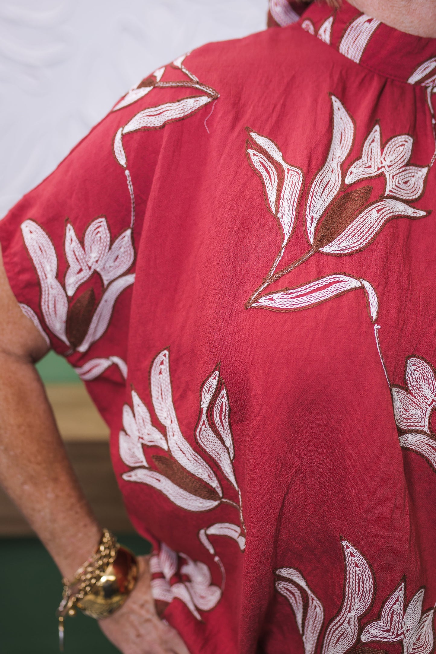 Embroidered Floral Mock Neck Dolman Sleeve Top