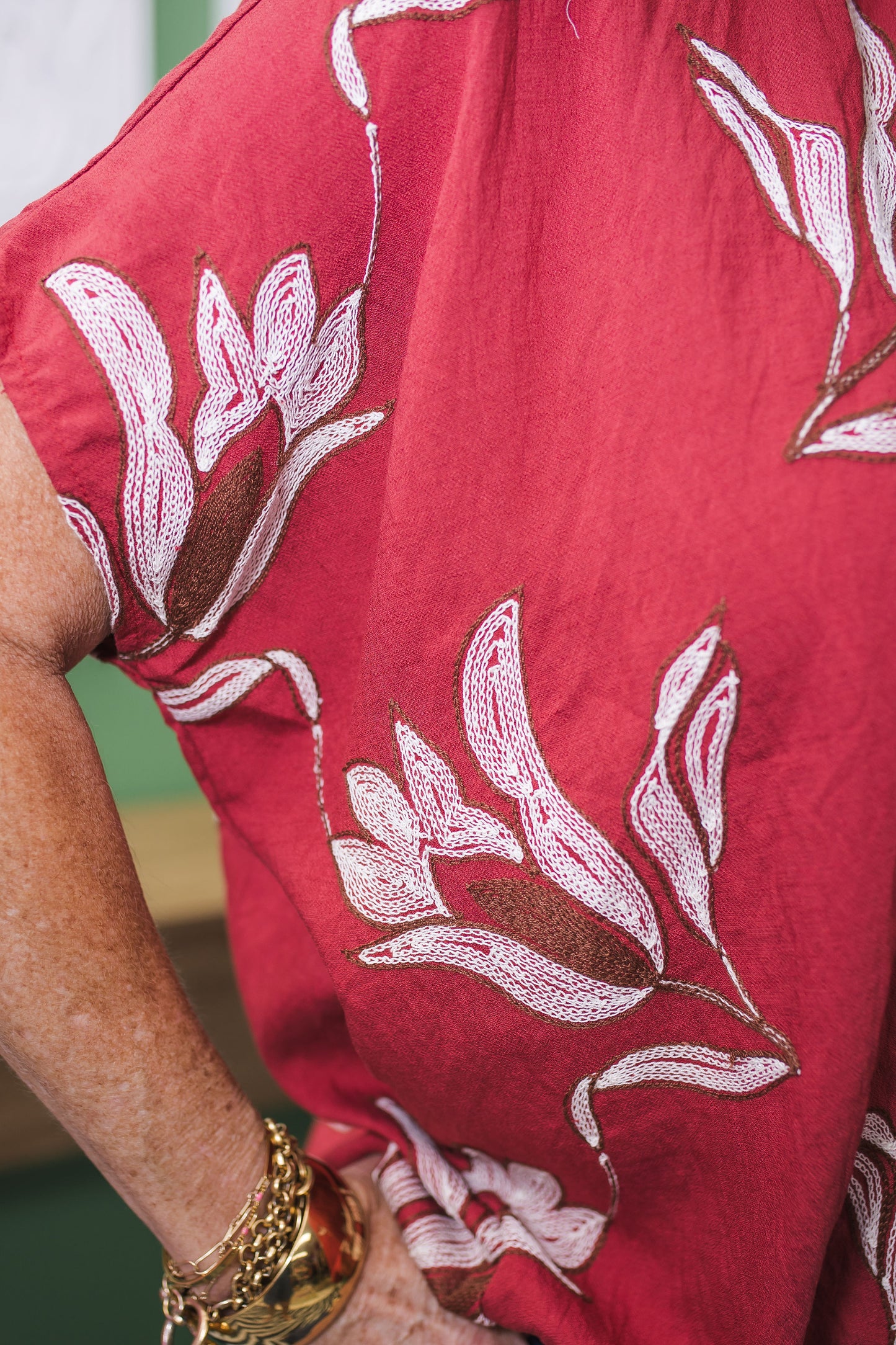 Embroidered Floral Mock Neck Dolman Sleeve Top