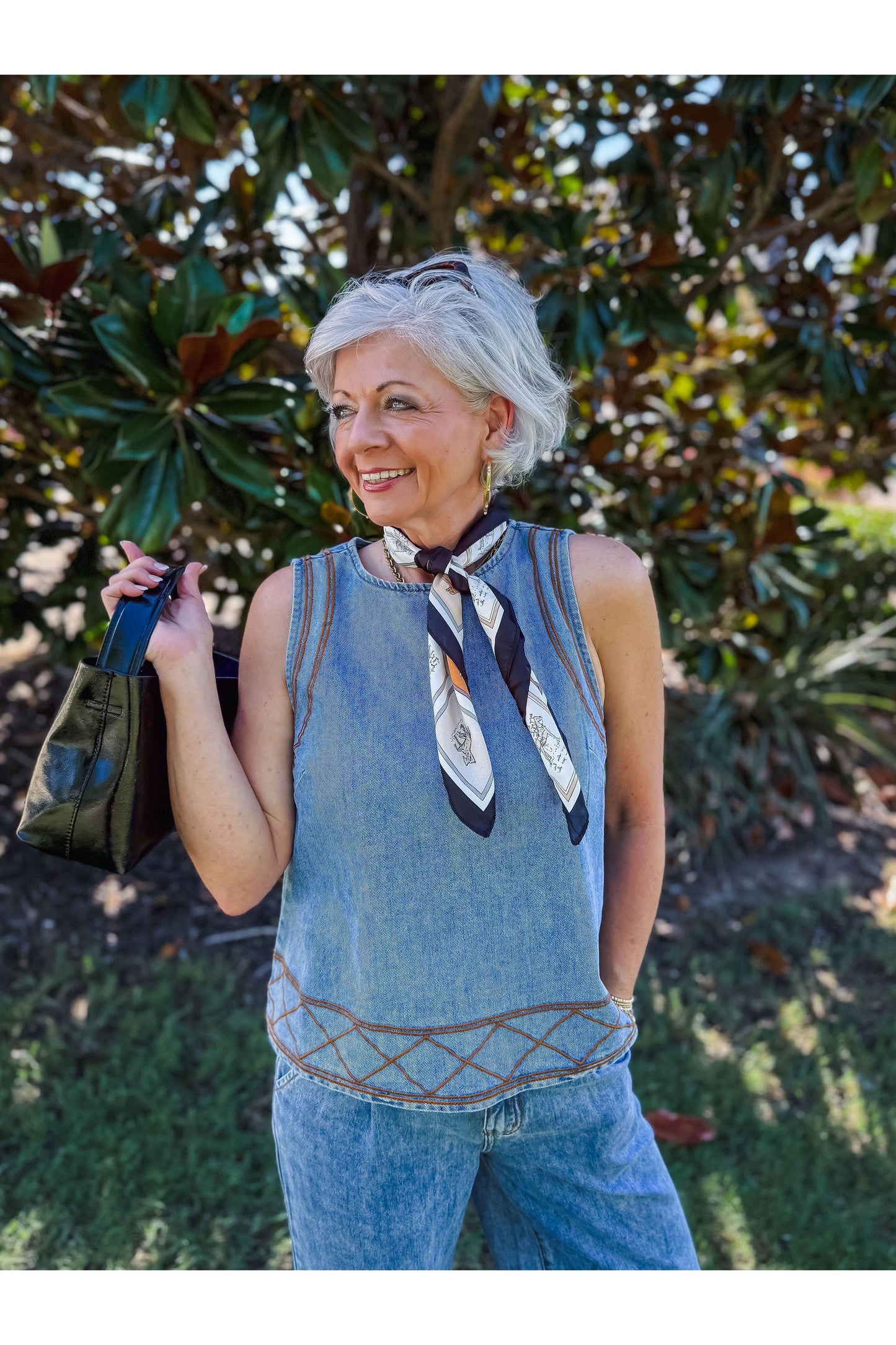 Embroidered Denim Tank & Wide-Leg Pants Set