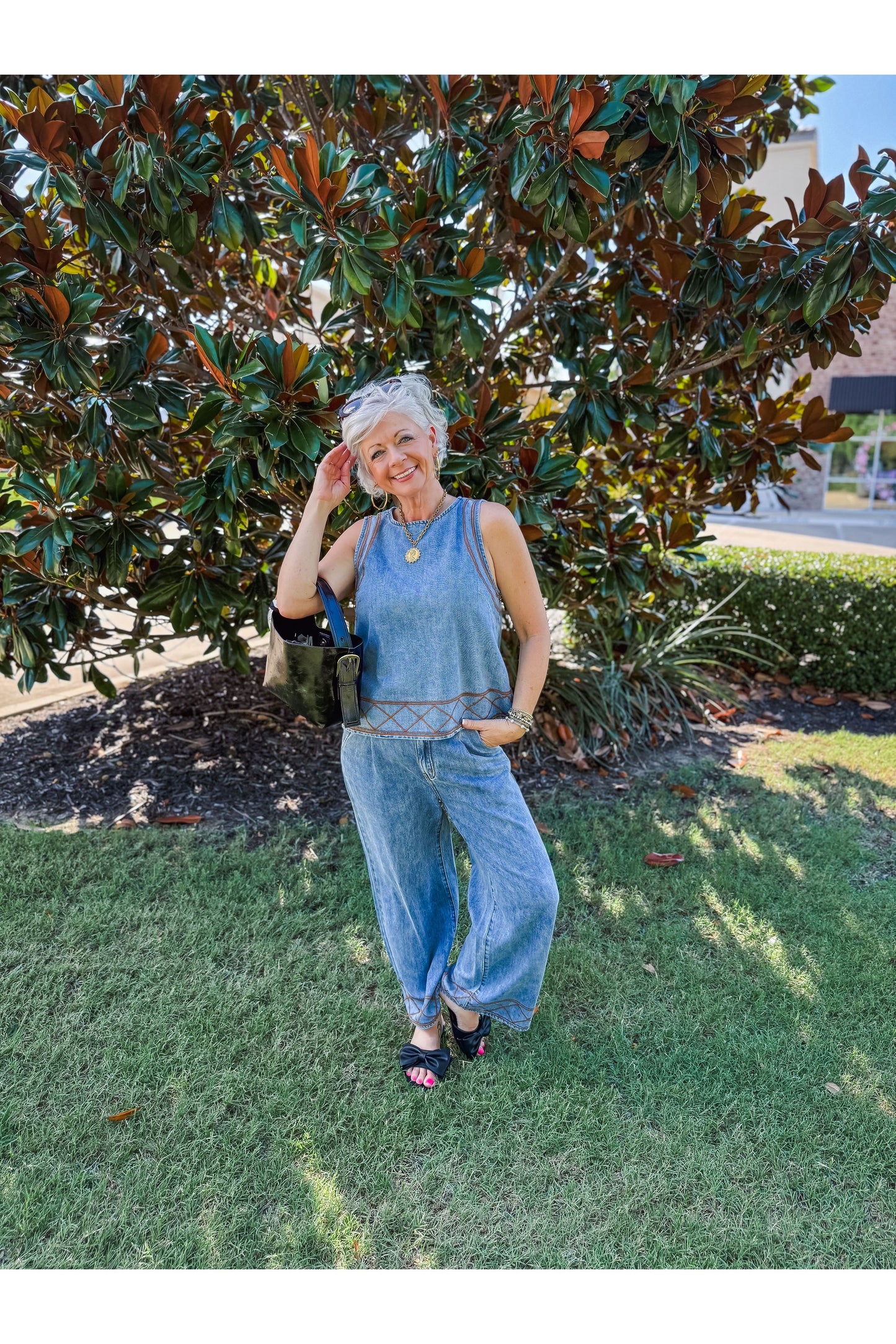 Embroidered Denim Tank & Wide-Leg Pants Set