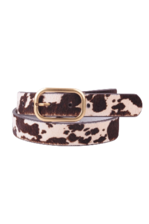 Brass Toned Circle Buckle Belt in Brown, Black, Leopard Print, and Cow Print