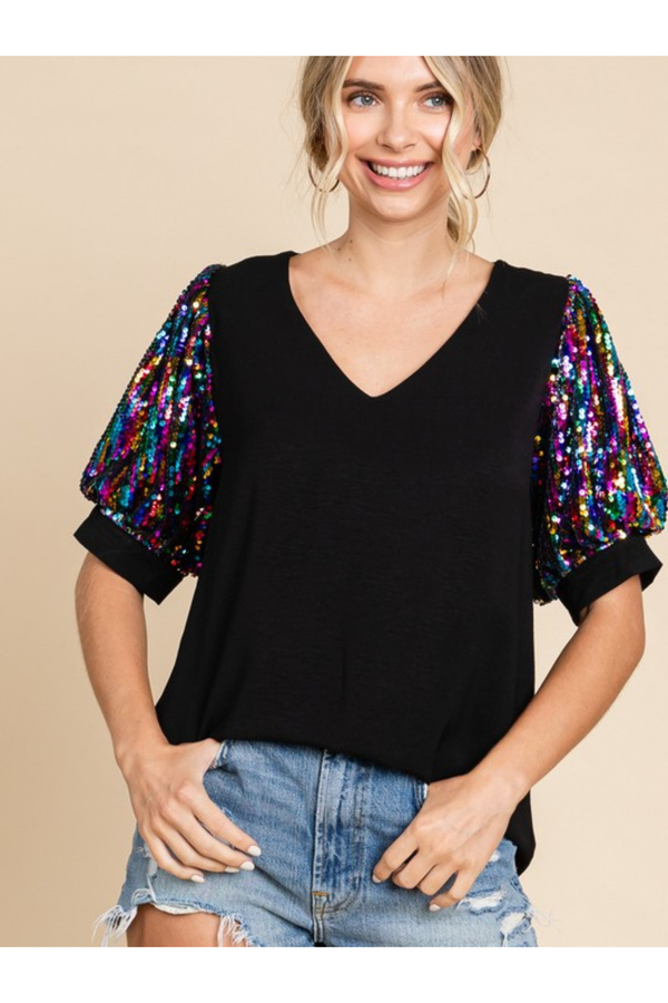 Solid Puff Sleeves Top w/ Sequins