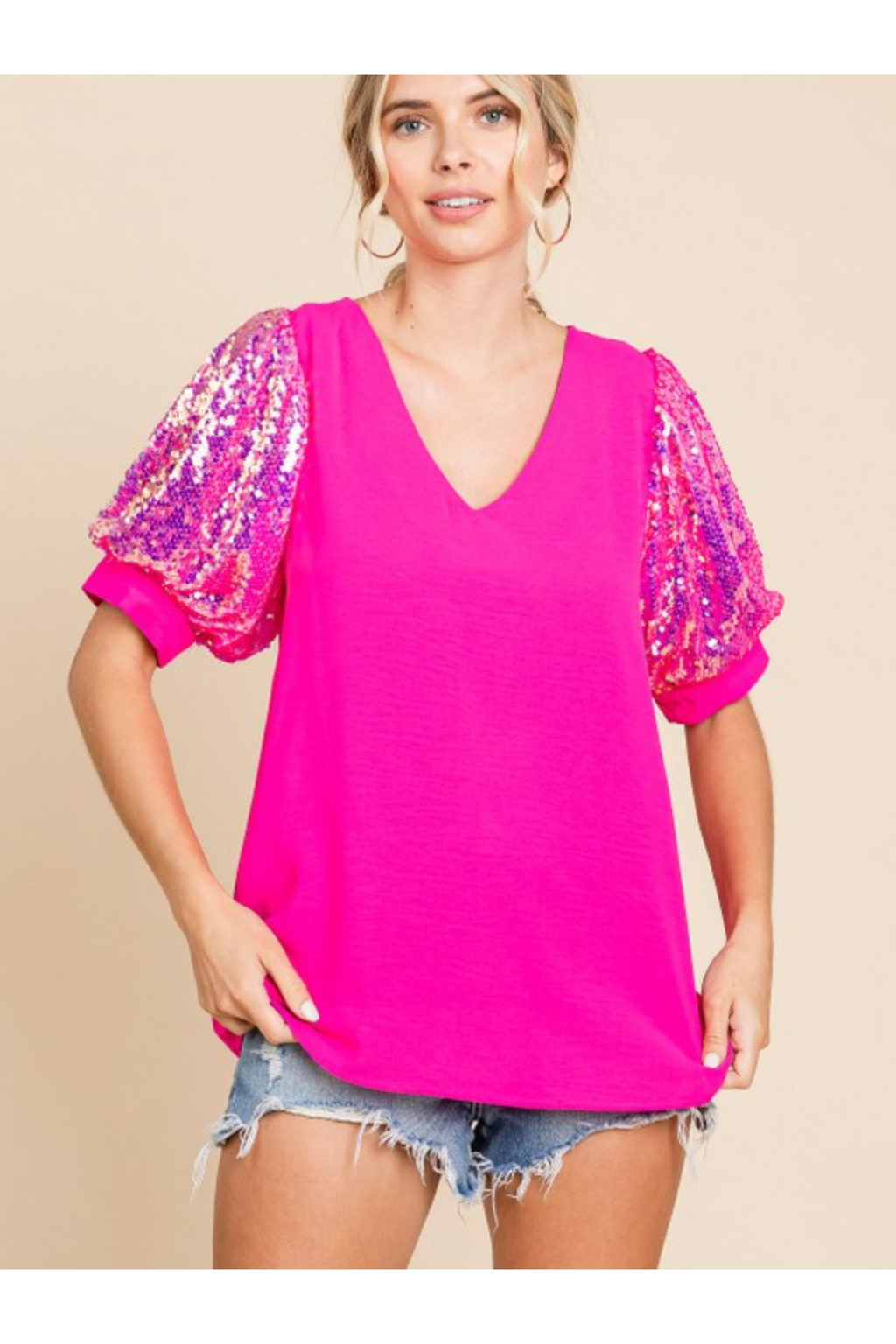 Solid Puff Sleeves Top w/ Sequins