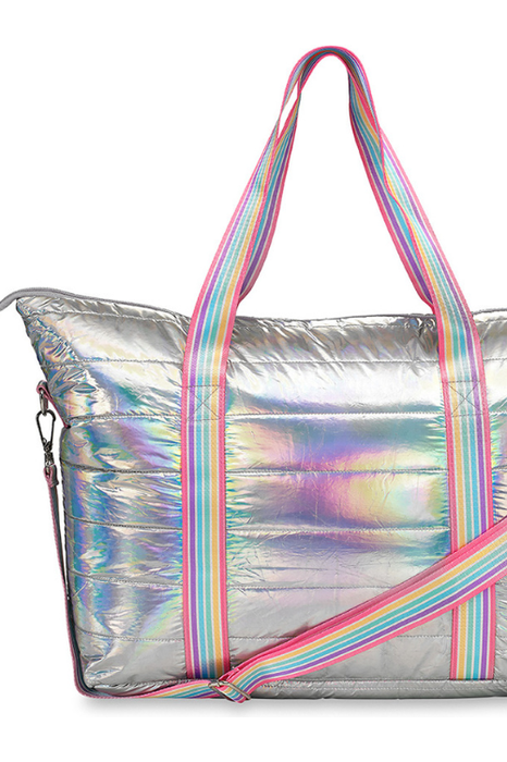 Iridescent Puffer Tote w/Candy Stripe Strap