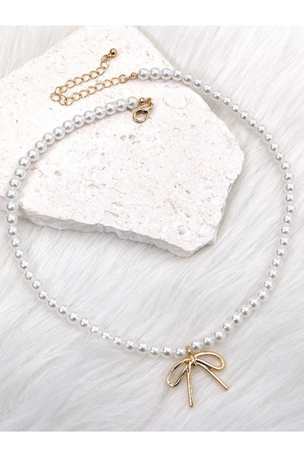 Pearl Chain Bow Charm Necklace