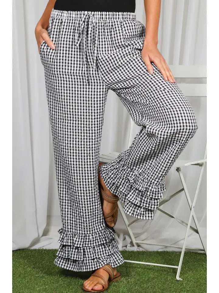 Gingham Layered Ruffle Hem Cropped Pants