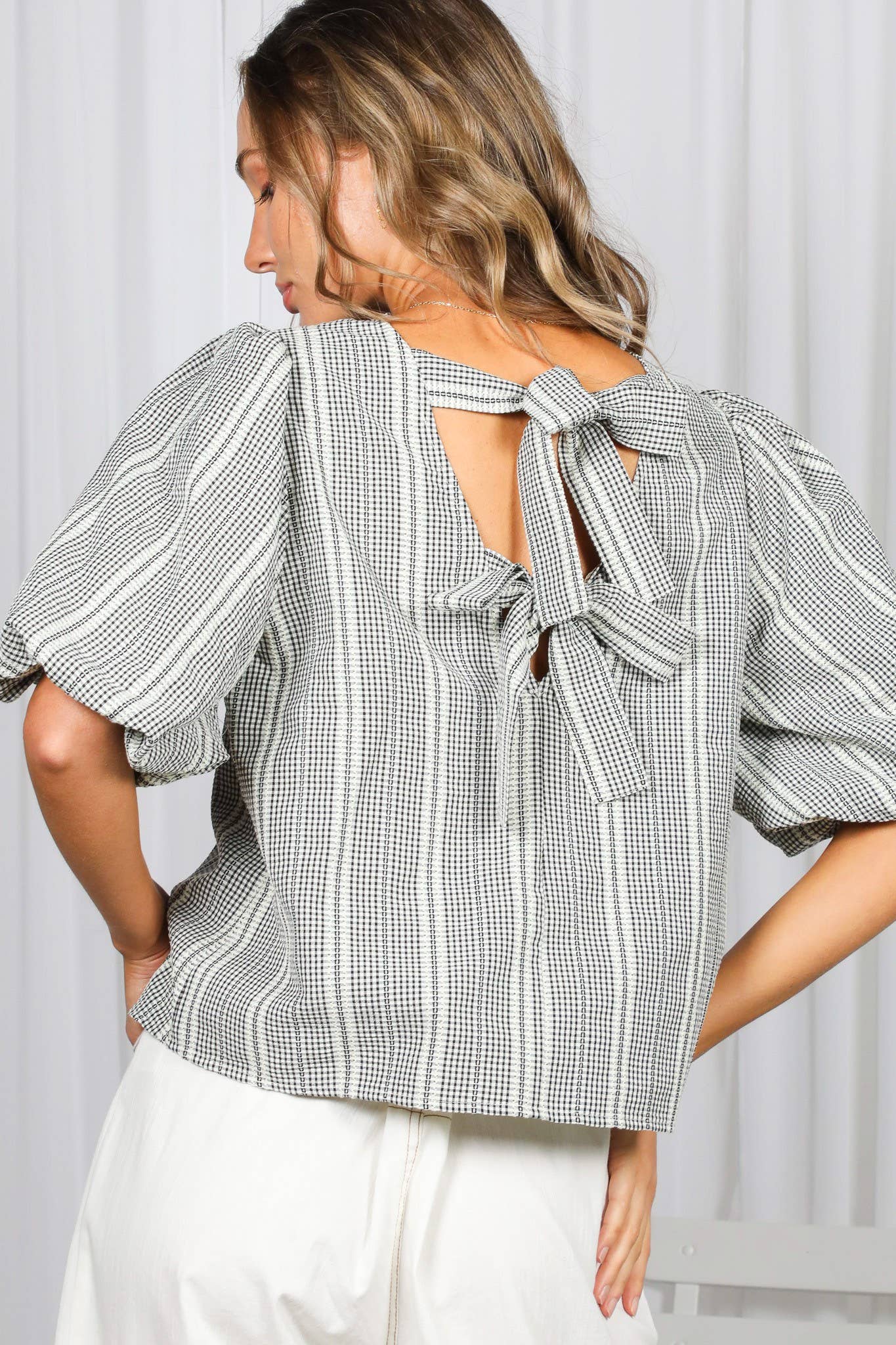 Bow Accent Feminine Plaid Blouse