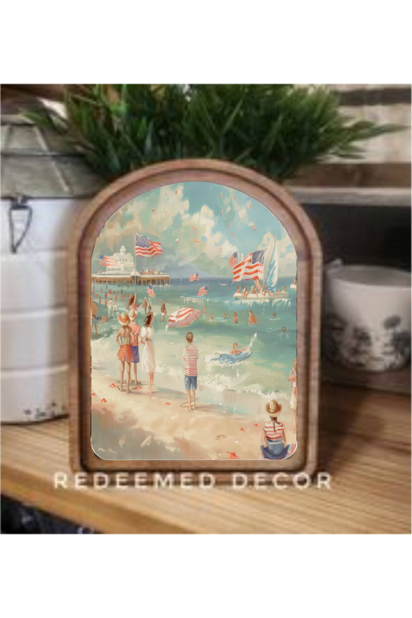 Arch Top Patriotic Beach Scene Framed Art